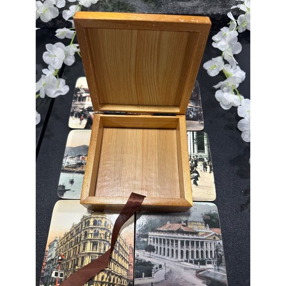 Vintage Wooden Coaster Set With Box Featuring Historical Building Prints - Picture 5 of 7